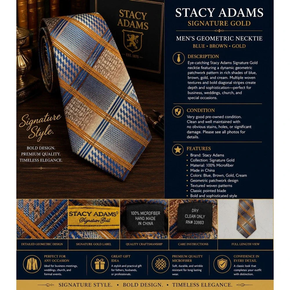 Stacy Adams Signature Gold Men's Geometric Tie Blue Brown Gold 100% Microfiber